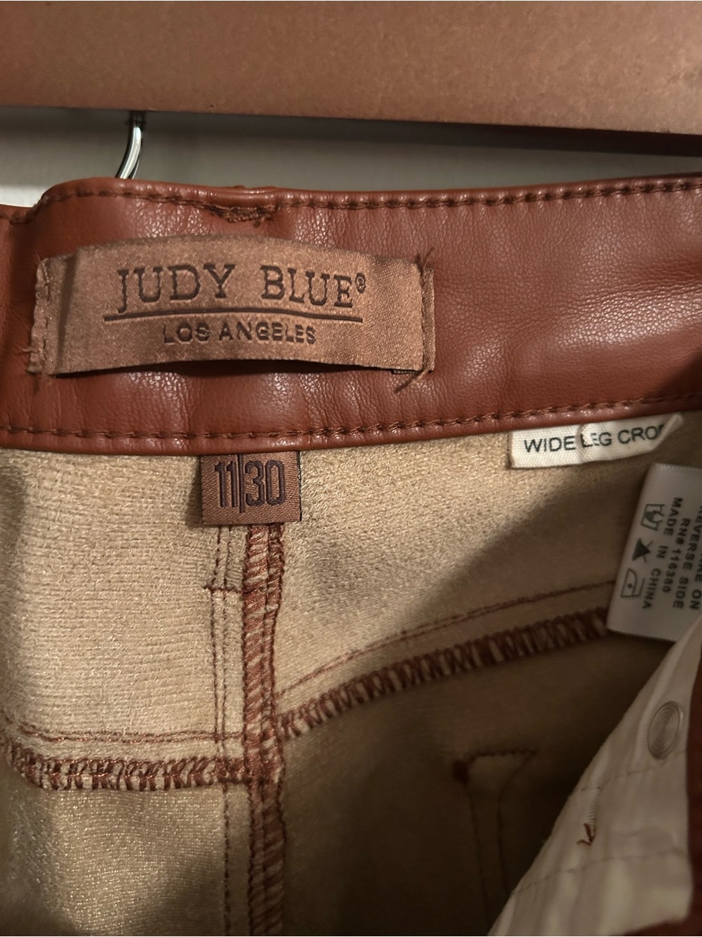 JUDY BLUE Faux Leather Trim Wide Leg Crop Pants - Cognac